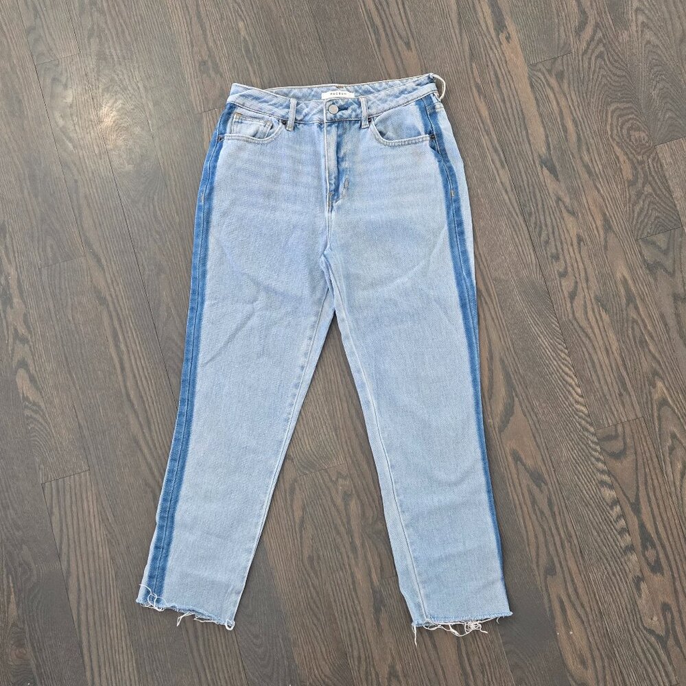 PACSUN Mom Jean Side Stripe Hi Rise Tapered Leg Frayed Hem Faded Denim Women 26